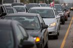 Cars and trucks back up in traffic in the Greater Toronto Area.
