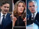 Conservative leader Pierre Poilievre, left to right, Liberal MP Chrystia Freeland and former central banker Mark Carney are currently seen as possible contenders for the top spot in Canadian politics.