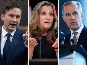 Conservative leader Pierre Poilievre, left to right, Liberal MP Chrystia Freeland and former central banker Mark Carney