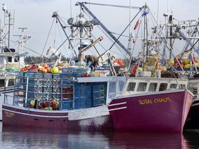 Perahu nelayan tetap berada di dermaga Dennis Point di Lower West Pubnico, NS, pada Minggu, 27 November 2022.