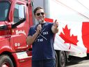 Conservative Party Leader Pierre Poilievre speaks to supporters during a visit to Manitoulin Transport in Lively, Ont.