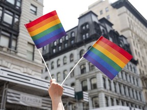 FILE - Seseorang mengibarkan bendera kebanggaan LGTBQ+ selama Pride Parade di New York, 24 Juni 2018.