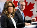 Carolyn Rogers, senior deputy governor of the Bank of Canada, left, and Tiff Macklem, governor of the Bank of Canada, during a news conference in Ottawa on Oct. 23, 2024.