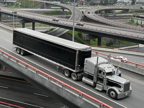 A transport truck on the Turcot Interchange in Montreal.