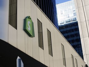 A logo outside Shopify headquarters in Ottawa, on Feb. 14, 2023.
