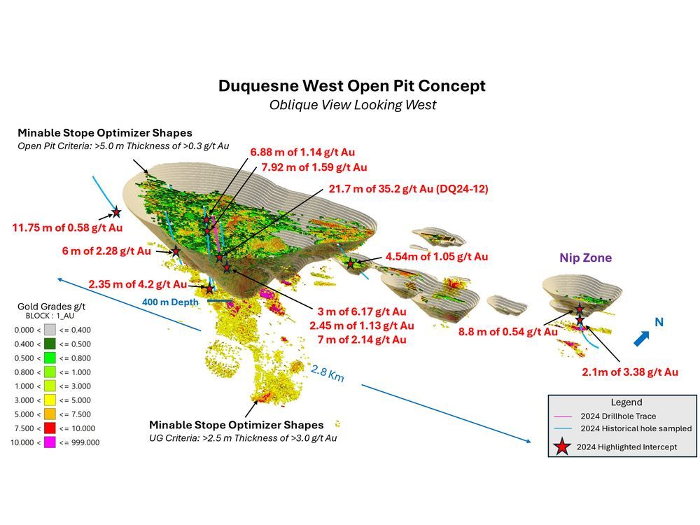 Lokasi hasil logam layar tinggi dari DQ24-12 dan lubang bor historis dengan hasil yang dilaporkan dari inti historis yang sebelumnya tidak terampil-Emperor Metals Inc.