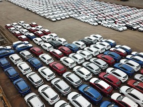 MG cars produced by SAIC Motor Corp. waiting to be exported to the U.S. at a port in Lianyungang, in China's eastern Jiangsu province.