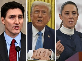 U.S. President Donald Trump, centre, Mexican President Claudia Sheinbaum, right, Prime Minister Justin Trudeau, left.