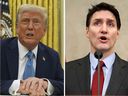 Prime Minster Justin Trudeau, right, revealed the retaliatory measures late Saturday evening, after U.S. President Donald Trump, left, signed executive orders imposing a 25 per cent levy on all Canadian goods and 10 per cent on Canadian energy.