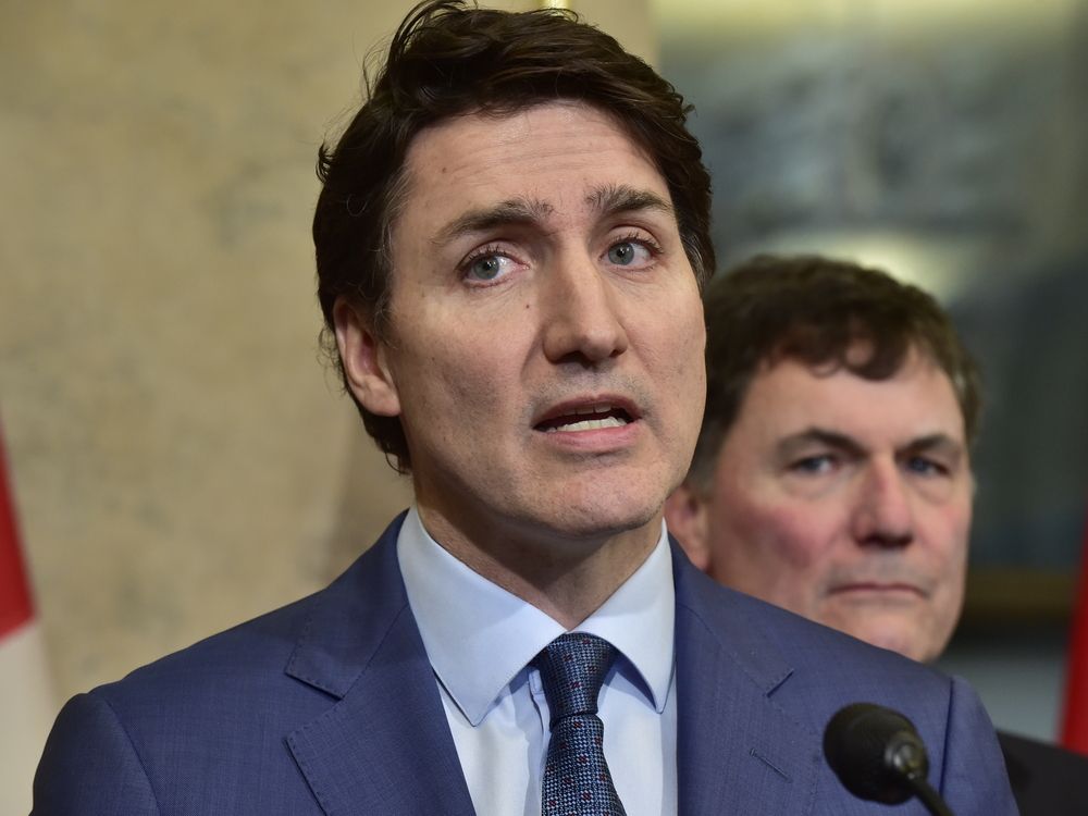 Prime Minister Justin Trudeau addresses Canadians in the foyer of West Bloc, Ontaw, in the wake of President Donald Trump's trade war and tariffs. Monday, March 4th, 2025.