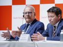 Alain Bouchard, chairman of Canada’s Alimentation Couche-Tard, left, and President and CEO Alex Miller attend a press conference in Tokyo, Japan, Thursday, March 13, 2025.