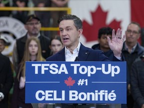 Conservative Party Leader Pierre Poilievre speaks during a campaign stop at Apollo Sheet Metal on March 27, 2025 in Coquitlam, Canada.