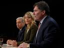 Industry Minister Francois-Philippe Champagne, left to right, Foreign Affairs Minister Melanie Joly and Finance Minister Dominic LeBlanc announce the retaliatory tariffs on the United States Wednesday.
