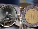 A Canadian dollar coin and a Mexican peso coin face off.
