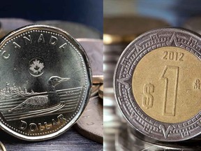 Canadian dollar coin and a Mexican peso coin