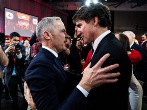 Mark Carney embraces erstwhile Prime Minister Justin Trudeau aft being announced the Liberal Party's caller person connected March 9.