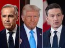 Donald Trump, centre, is one other the top concerns in Canada's federal election. On the left, is Liberal Leader Mark Carney and, on the right, Conservative Party of Canada Leader Pierre Poilievre.