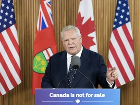 Perdana Menteri Ontario Doug Ford mengadakan konferensi pers mengenai tarif baru yang telah ditempatkan Amerika Serikat di Kanada di Queen's Park di Toronto pada 4 Maret.