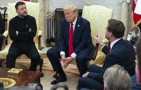 Ukrainian President Volodymyr Zelenskyy, left, U.S. President Donald Trump, centre and Vice President JD Vance shared a contentious meeting in the Oval Office on Feb. 28.