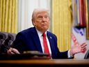 U.S. President Donald Trump spoke at the executive order signing event held at the White House Oval Office in Washington, DC on March 31, 2025.