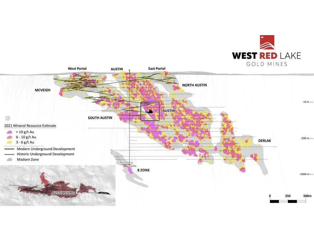 FIGURE 1. Madsen Mine long section showing location of 12-4848 Drill Bay in the Austin Zone.[1]
