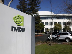 The Nvidia logo is displayed on a sign at the Nvidia headquarters on Feb. 26, 2025 in Santa Clara, Calif.