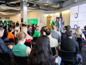 The Future of Sport Lab announced its 2025 cohort of 10 new startups it is supporting this year. Entrepreneurs from last year's FSL Pitch Day make their pitches to stakeholders in this June 4, 2024 handout photo.
