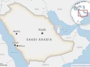 This is a locator map for Saudi Arabia with its capital, Riyadh. (AP Photo)