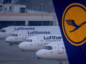 FILE - Lufthansa aircrafts are parked at the airport in Frankfurt, Germany, Thursday, March 7, 2024.