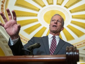 Senate Majority Leader John Thune, R-S.D., speaks to reporters at the Capitol, Tuesday, May 20, 2025, in Washington.