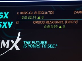 The S&P TSX composite index screen at the TMX Market Centre in downtown Toronto is photographed on Nov. 11, 2022.