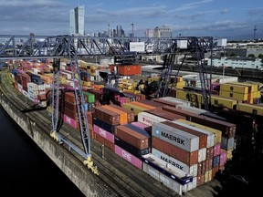Containers are pictured at a cargo terminal in Frankfurt, Germany, Thursday, May 22, 2025.