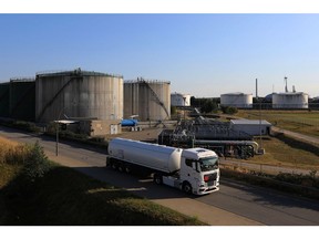 An oil tanker truck departs an oil terminal in the Port of Hamburg in Hamburg, Germany.