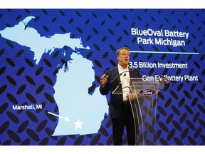 Bill Ford announces at a press conference that Ford will be partnering with the world's largest battery company, the Chinese firm Contemporary Amperex Technology, to create an electric-vehicle battery plant in Marshall, Michigan, on Feb. 13, 2023.