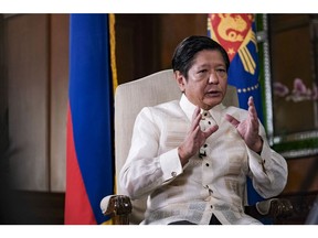 Ferdinand Marcos Jr., Philippines' president, speaks during a Bloomberg Television interview in Manila, the Philippines, on Tuesday, March 19, 2024. Marcos said the threat to his nation from China's sweeping claims in the South China Sea is growing but argued that his government's efforts to assert sovereignty over disputed areas aren't meant to start a conflict by
