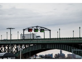 A truck crosses the Peace Bridge at the Canada-US border in Fort Erie, Ontario, Canada, on Wednesday, April 2, 2025. US President Trump on April 2 plans to roll out tariffs on global trading partners, the centerpiece of his effort to bring back manufacturing to the US and reshape a world trade system he has long decried as unfair.
