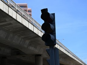 A traffic light off due to a major blackout in Lisbon, Portugal, on Monday, April 28, 2025. Public transport, traffic lights and phone services were mostly down in parts of Madrid, Barcelona and Lisbon due to the outage, while trains were mostly halted.