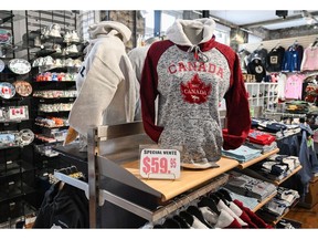 Hoodies in a souvenir store in Montreal, Quebec, Canada, on Tuesday, April 29, 2025. US President Donald Trumps threats have spurred many Canadians to band together in response, touting national unity and boycotting American products.