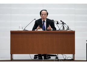 Kazuo Ueda, governor of the Bank of Japan (BOJ), speaks during a news conference at the central bank's headquarters in Tokyo, Japan, on Thursday, May 1. The BOJ left its benchmark rate unchanged while pushing back the timing for when it expects to reach its inflation target amid intensified uncertainties due to US tariff measures.