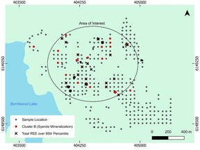 The area of interest within the Burntwood Lake syenite-carbonatite complex, identified based upon multivariate analysis and statistical thresholds of the 2024 rock geochemistry dataset.