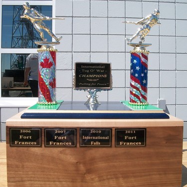 The “Pull for Peace” trophy. The friendly annual tug of war between the border communities of Fort Frances, Ont., and International Falls, Minn., that span the Rainy River was unfortunately suspended due to some serious cases of rope burn.