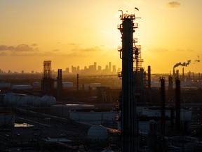 In an aerial view, the LyondellBasell Houston refinery is seen at sunset on June 18, 2025.