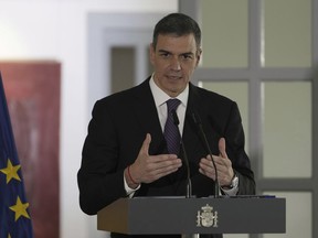 FILE - Spain's Prime Minister Pedro Sanchez speaks during a press conference at the Spanish Embassy in Beijing, April 11, 2025.
