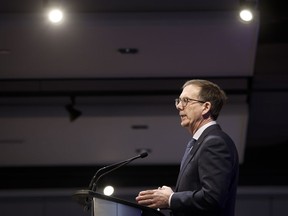 Governor of the Bank of Canada Tiff Macklem delivers a speech at a Calgary Economic Development event in Calgary, Alta., Thursday, March 20, 2025.