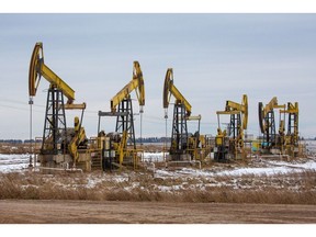 Oil pumping jacks in Russia.