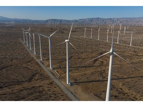 Wind turbines at the San Gorgonio Pass wind farm in Whitewater, California.