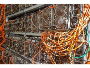 An array of bitcoin mining units.