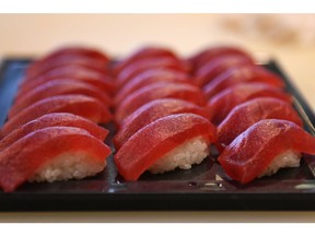 A plate of tuna sushi at Yoshitsune sushi restaurant in Urayasu, Japan, on Monday, Dec. 5, 2022. Soaring tuna prices are among the items driving Japan's fastest inflation in four decades and a fall in purchasing power that are together testing the limits of the country's outlier policy mix. At Yoshitsune, the days of buying raw tuna are gone as the restaurant buys it frozen to stay on budget.