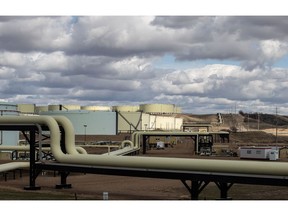Oil storage containers and pipelines at a terminal in Hardisty, Alberta.