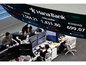 A screen displays the Korea Composite Stock Price Index (KOSPI) and the exchange rate between the South Korean won and US dollar inside a trading room at Hana Bank in Seoul, South Korea.
